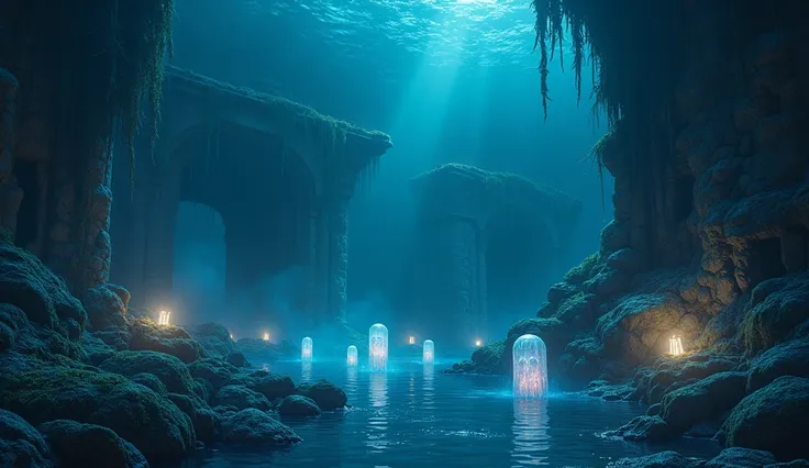 Mystical Abyss: The edge of a deep underwater abyss where the light fades into inky darkness. The surrounding area is filled with softly glowing, ghostly sea creatures and ancient ruins covered in algae. The contrast between the illuminated foreground and ...