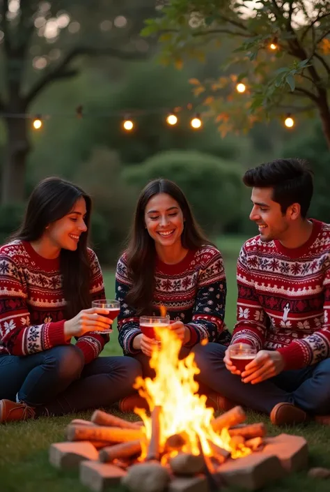 Create a photo showing a family consisting of two 16-year-old daughters, the mother and the father, at Christmas sitting in the garden of their house with a bonfire in the center with Christmas sweaters all the same, eating tamales and punch 