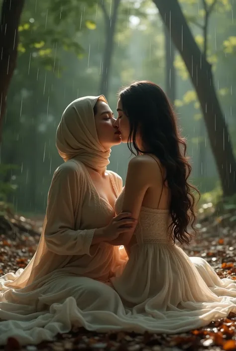 beautiful hijab asian lesbian girl laying down,bra and panties,hugging,in the Wood,kiss,lesbian sex,raining,front view ,medium breast,far view 