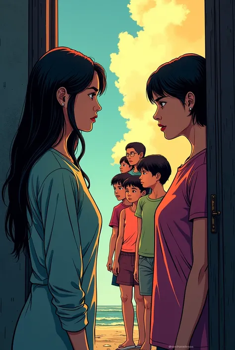 A long black haired woman is on the left side of the door is lonely and on the other door is the short black haired woman fighting and her family got her back comic style