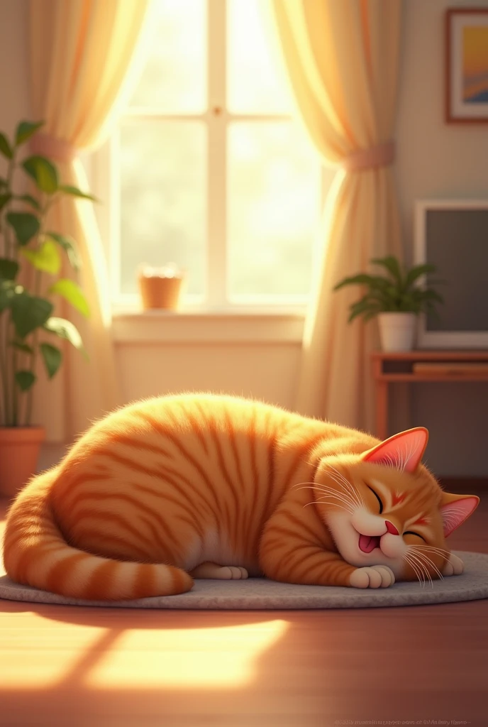  Mr. Whiskers, the cute orange chubby cat, is lying in a cozy spot on the living room floor. The morning sun is streaming through the curtains, warming his fur. He lazily stretches his plump body, yawns, and rolls over, enjoying the warmth. The scene captu...