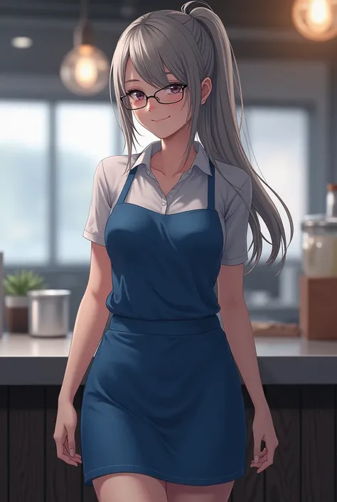 Half of her thigh is visible through the blue apron. Her hair is tied behind silver glasses and falls just below her waist. Her right bangs cover half of her face. Employee