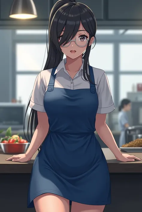 Half of her thigh is visible through the blue apron. Her hair is tied behind silver glasses and falls just below her waist. Her right bangs cover half of her face. Employee