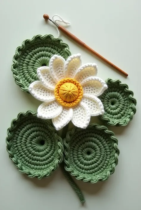 A crocheted Victoria Regia logo with a crochet hook