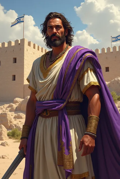 Epic portrait in 4K: Joshua, the biblical leader, depicted with historical and biblical details. He wears a linen tunic with gold edges., typical of ancient Hebrew clothing, and wears a purple cloak or mantle, which symbolizes his leadership and authority....