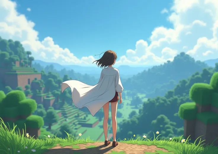 an adult female character wearing a mini skirt and a long white shirt 2d anime from behind looking at a landscape in minecraft 