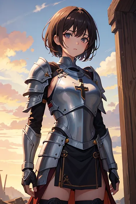  young girl, short hair to the shoulders brown color, wearing heavy battle armor, shining armor with a cross on his chest,  eyes browns, Paladin , divine light of heaven