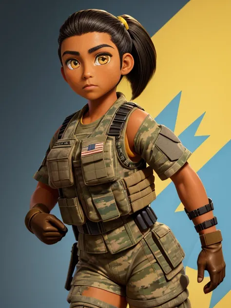 (26 year old:1.3), (Female), (Mixed race Guatemalan-Navajo), (tanned bronze skin:1.4), (Yellow colored eyes:1.4), (Short Black Hair:1.3), (Pony-Tail hair style:1.3), (Athletic:1.4), (Wearing: USA camouflage military uniform, bulletproof vest, and gloves), ...