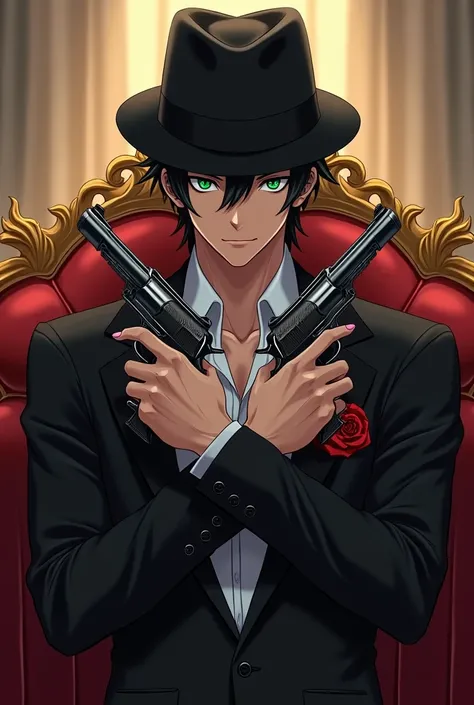 A 1 anime fantasy handsome guy with flashy green eyes , He holds two pistols in his two hands crossed , a black precious fit suit with a red rose in coats pocket . black neat hair and The hat is on his head while his head is bent down and the hat is tilted...