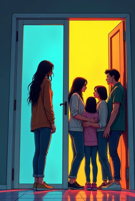 A long black haired woman is on the first door  is lonely and on the right door is the short black haired woman fighting and her brother and sisters got her back comic style