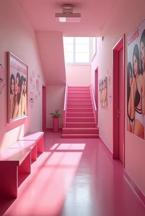  (photorealism:1.2) 
Looking up a pink school staircase in a pink and white classic school From the pink classic school hallway, 
 Along the hallway there are some Theres a long pink bench along the hallway, there are many drawings of 💋 can be seen on the ...