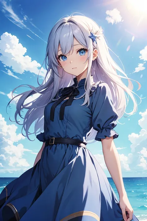 beautiful dress, female anime happy girl, clouds, blue sky, sea