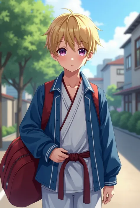 A boy dressed in taekwondo and a blue jacket with short cut blonde hair and brown and purple eyes is holding a school bag.