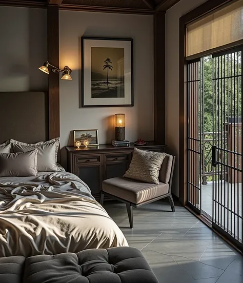 Indochina bedroom interior design, bedroom with bed, lamp, carpet, pillow, couch, tiled floor, black wood furniture, picture frame, daytime, 8k uh, DSLR, soft light, quality high, film grain, Fujifilm XT3