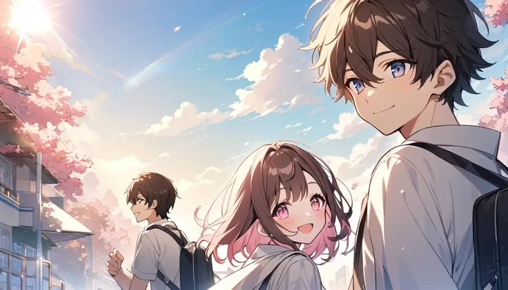 high school student,1 male,1 female,Medium Hair, Dark brown hair, Pink highlights on the tip, Pale pink eyes,Smile Facial,Blue Sky Morning,Light of the sun,seihuku,Going to school