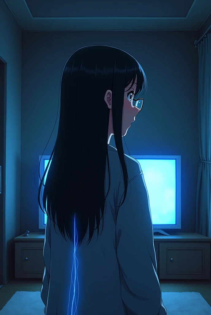 An anime-style image of Sophia, a young woman with long dark hair and expressive eyes with spectacles, standing alone in her living room. She is looking at the TV with a shocked and worried expression as she hears the news. The room is dimly lit, with shad...