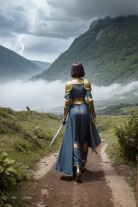 lonely woman is walking backwards. she is wearing golden medieval armor. she is on a dirt path in a forest. the forest is very dense and detailed. the sky is clear with clouds. in the background a storm is forming with lightning. puddle of water. mountain ...