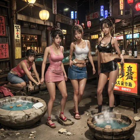 
((masterpiece、Highest quality))、Beautiful girls gather.、Three girls in summer clothes、((Showa Retro:1.2、Hot Spring Town、Hot spring facilities、Special baths))、Places to visit in Japan、(Detailed and cute face:1.3、Tank top、mini skirt)、(Poor conditions、smile、...