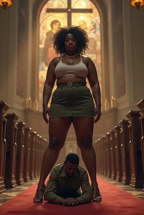 Beautiful mature black woman standing proud and dominant in a miniskirt, with thick, thick thighs, He has a small one, thin man in pants and army uniform on his knees., who is afraid in the church