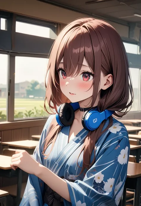 (Highest quality, 4K, 8k, High resolution, masterpiece:1.2), Very detailed, Picturesque, Animated Photography, Photo Animation:1.37)、Japanese schoolgirl、(Brown Hair)、(Medium Long Hair)、Floral Yukata、Black choker、Blue headphones around his neck、classroom、Na...