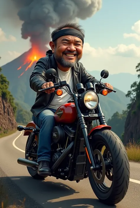 realistic 4D caricature photo, big head,a Adult man with an Indonesian face, 50 years old, clean face, Wearing a helmet,, wearing a headband,wearing a black leather jacket, white t-shirt, worn jeans, boots black skin, pose sitting on a big Harley Davidson ...