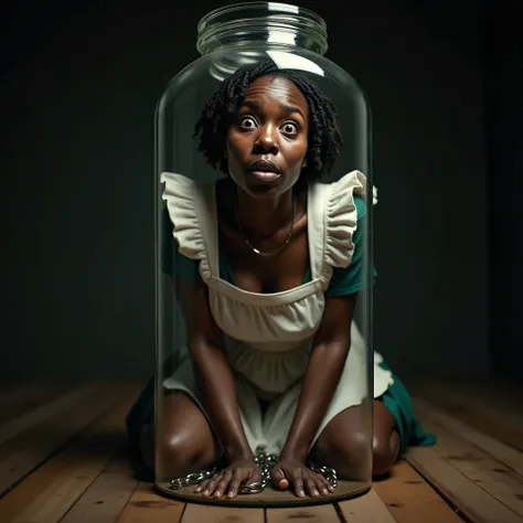 (glass jar:1.45), masterpiece, best quality, Nigerian black skin trapped 55yo woman is sitting in a glass jar, (behind glass), shocked, posing for a photo, medium breasts, maid outfit, freckles, (braided black hair:1), (chained woman), wavy hair, short hai...