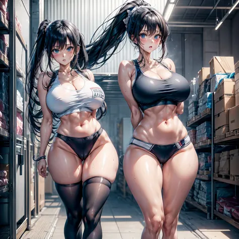 Anime Kawaii sexy Perfect Slim sensual body large breast and huge thighs, An intricate and highly detailed illustration of anime (Young girl)  One with black hair, blue eyed high school girl in track uniform resembling a white sports bra and black panties,...