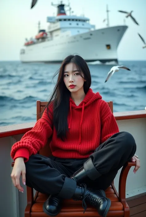 Beautiful white-skinned Korean woman, straight black and red hair, wearing a red knit hoodie, black cargo pants, boots, sitting on a ship chair while holding juice, near the ship deck, seagulls flying, with the background of a large ship sailing on the sea...