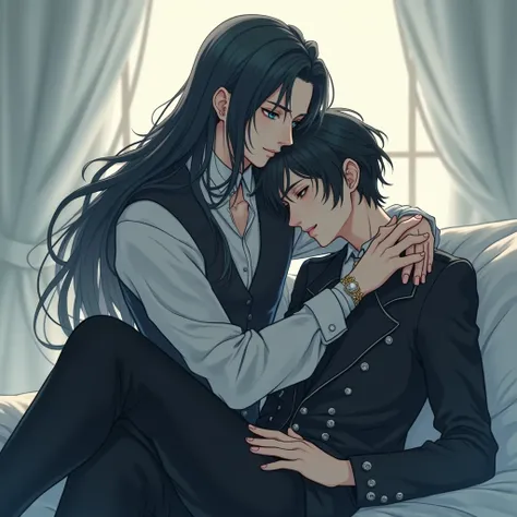 A male, long lack hair, teal blue eyes, gothic clothes. Resting his head on another boys lap. (Anime style)