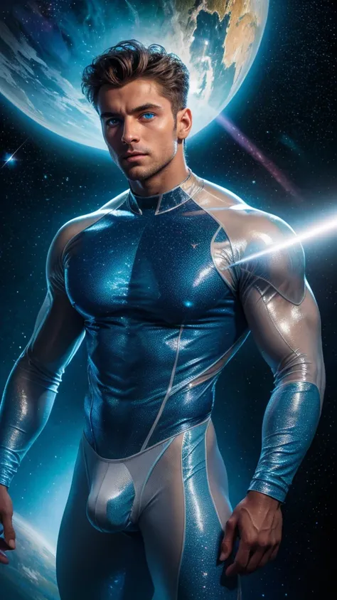 (masterpiece, high resolution, detailed:1.3), a mesmerizing depiction of a (strikingly handsome young man:1.2) donning (wearing transparent see-through futuristic clothes, bulge:1.2), standing against the backdrop of the vast and mysterious cosmos, breatht...