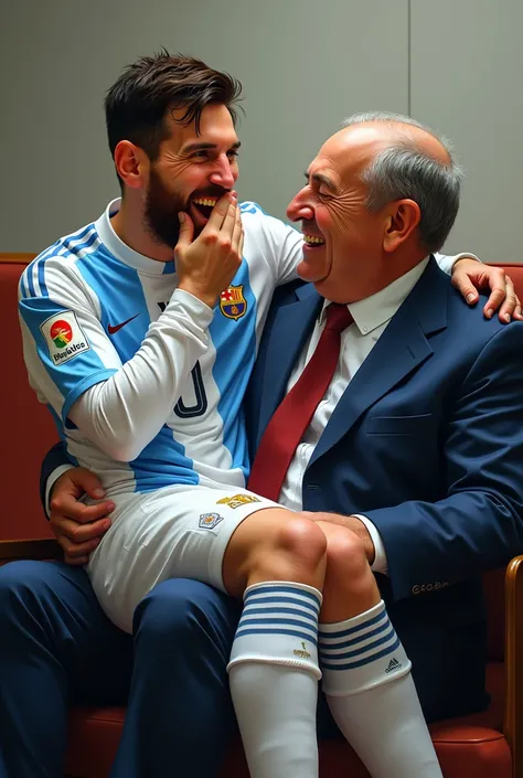 Messi sitting on Gianni Infantino&#39;s lap with homosexual gestures and laughing together, that Messi has his hand on his mouth laughing like a girl