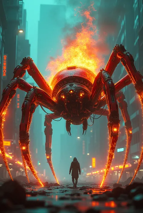 fire spider in robocop brown costume, walking in cyberpunk city with teal and orange neon lights