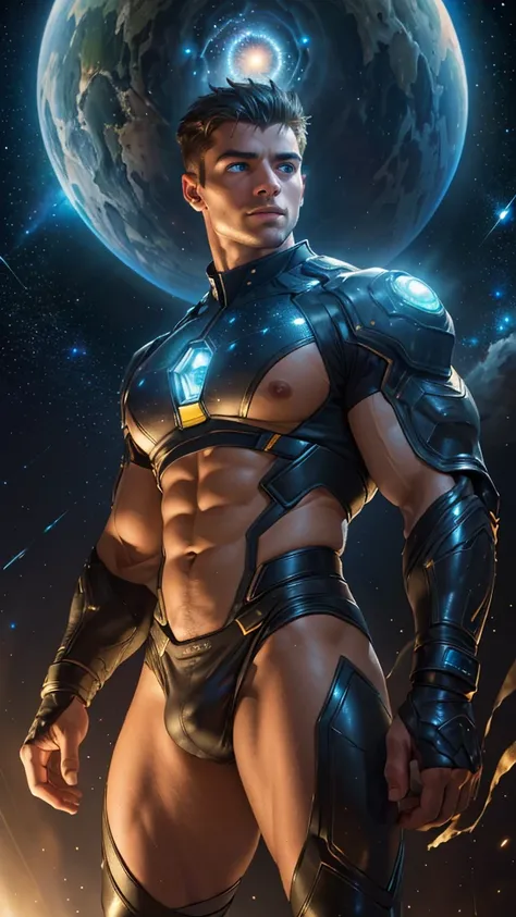 (masterpiece, high resolution, detailed:1.3), a mesmerizing depiction of a (strikingly handsome young man:1.2) donning (wearing transparent see-through futuristic clothes, bulge:1.2), standing against the backdrop of the vast and mysterious cosmos, breatht...