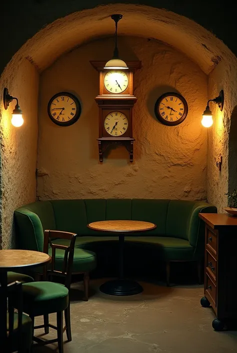 an underground cafe in Japan with few yellow lights, built in 1800, with five tables with cabriolet-style chairs and moss green upholstery, a counter, windowless, three clocks with different times