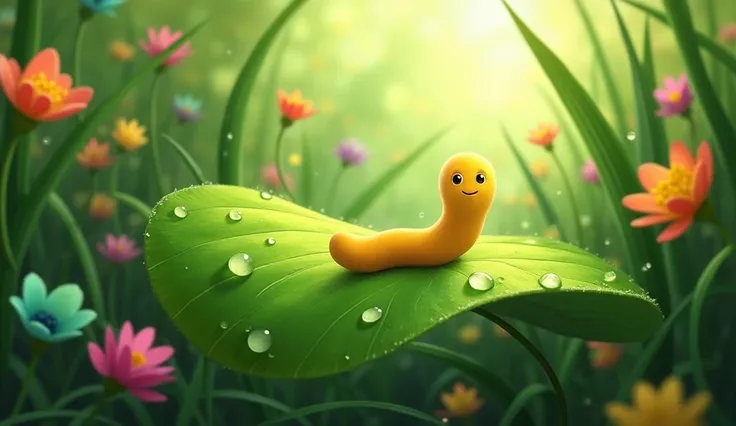 A lush, vibrant green garden full of flowers and tall grass, with a tiny worm named Wiggles a plain yellow worm crawling on a large leaf."