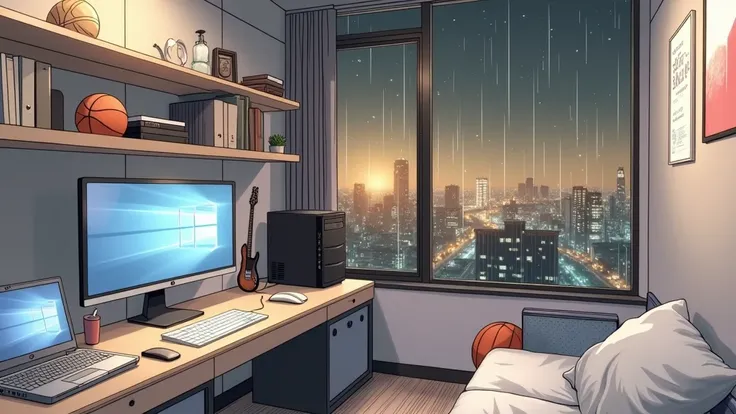 large bedroom, one desktop computer with two screens, 2 laptops, 1 phone (no-character:1.4), on the computers screens runs Linux and a development IDE, masterpiece, precision, anime art, picture from far, large windows, night outside, raining, from the win...