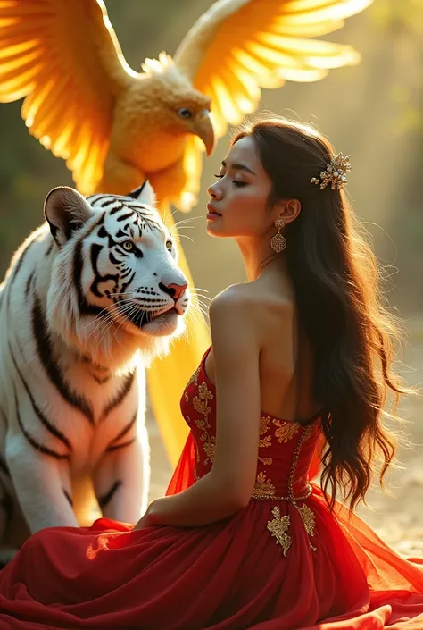 Just imagine this picture.:

In a scene with soft sunlight, you can see a beautiful Thai woman. She is wearing a red and gold dress with a sexy design that fits her figure perfectly. Her hair is flowing down, her shoulders are beautiful and she has an air ...