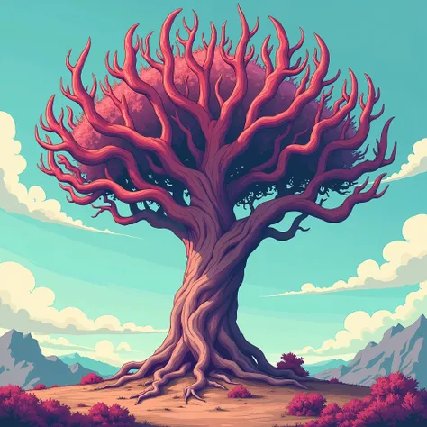 un arbre mort composé de doigts humains, style cartoon, peu de détails, couleurs psychédéliques