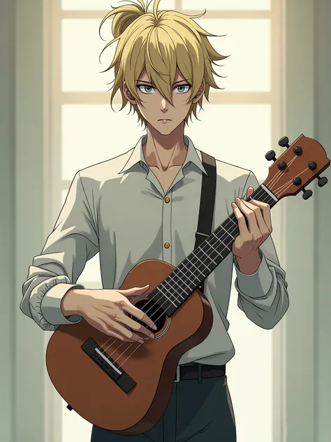 Anime man with blond hair pulled into a messy man-bun, grey eyes, pale skin, and a serious look on his face, holding up a ukulele, style of MHA , adult, teacher