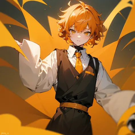 anime boy, short boy, , orange hair, yellow eyes small, cute, short hair, boy, small, long sleeve, hair with bangs

(*Im Elliot, a short guy with 53, I always wear an oversized orange prison uniform, I had a medium curly, fluffy ginger hair with white skin...