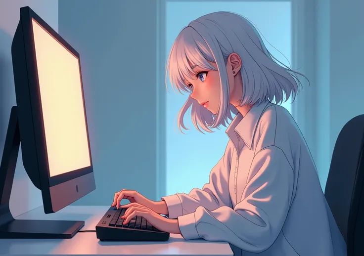 adult anime character a long white shirt 2d playing games on pc