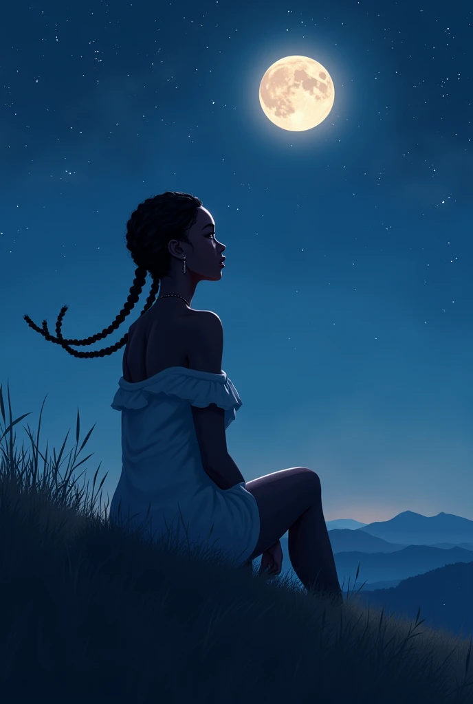  Whisper of the winds reaching someone sitting on The a hill looking at the moon and the stars thinking about moving on from a heart break black girl with braids and big eyes 