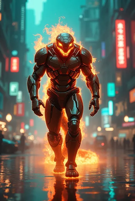 fire snake in robocop brown costume, walking in cyberpunk city with teal and orange neon lights