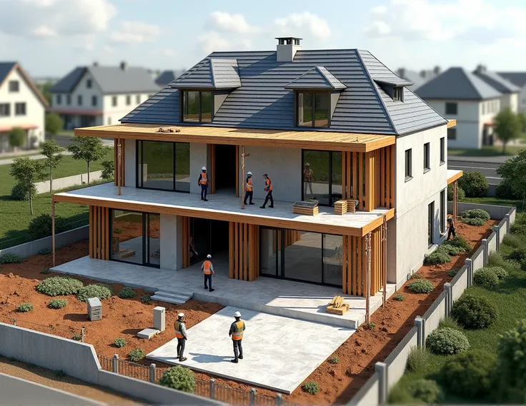 generate hyper-realistic images of the construction of a semi-detached house, All images of the same project in different angles