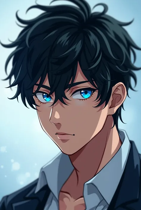 A handsome anime man with dark hair and ocean eyes