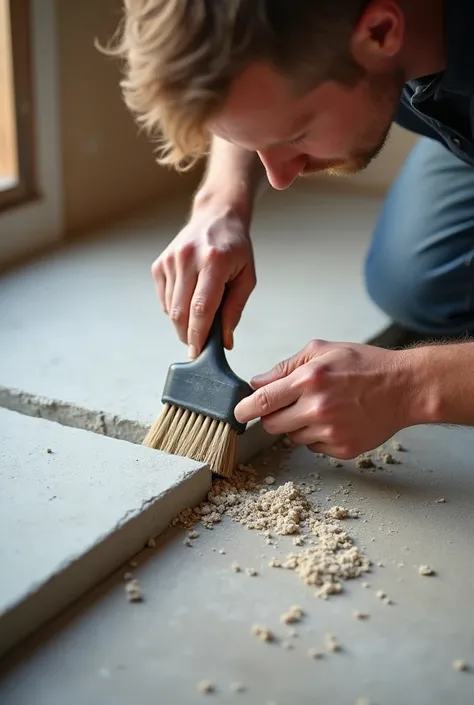 Image of someone cleaning a joint between cement boards with a brush