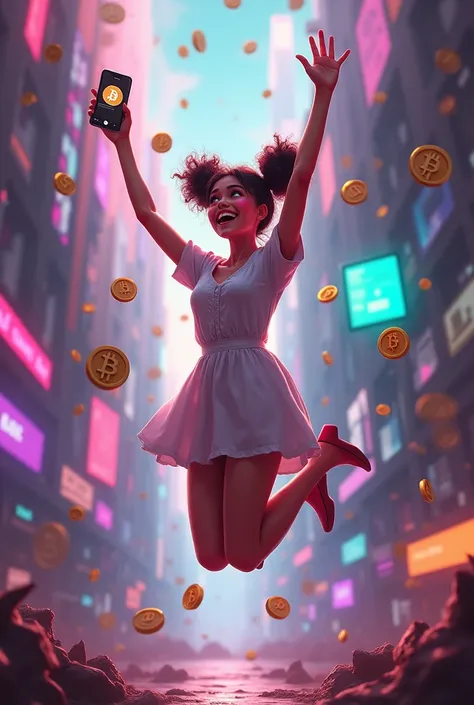 A full-body image of a woman jumping in joy、Pink eyes and twin bun hair、White dress。In the center is a woman holding a smartphone and spreading her hands high into the air.。Her smartphone is lighting up with an AirDrop notification.。Various cryptocurrency ...