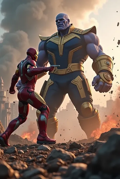 Create a 4k realistic movie picture iron man fighting with Thanos. iron man and Thanos same height and iron man fighting with Thor hammer background end game background thanos with full infinity stone 