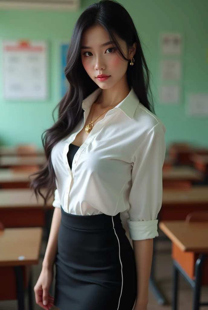 Prompt :  Beautiful girl with smooth skin, 
black hair, dark eyeshadow, gold pendant (beautiful bra, c shape), 
wearing a thai student uniform, a white short-sleeved shirt, a black short skirt, 
a tight fit, standing and posing in a classroom. The backgrou...