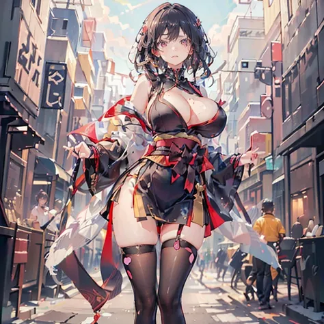 Anime Kawaii sexy Perfect Slim sensual body large breast and huge thighs, An intricate and highly detailed illustration of anime (Young girl)  samurai girl, short black hair tied back, wearing a red Japanese kimono and black hakama, two Japanese swords cro...